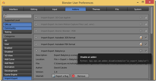 Habilitar complemento para exportar de Blender a Babylon.js